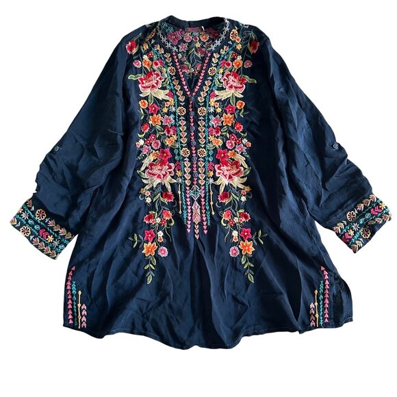 Johnny Was Womens Sz Large Annette Floral Embroidered Tunic Blue - Picture 11 of 11